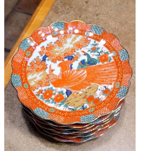 Set of 3 Arita Vintage Oriental Peacock Floral Scalloped Edge Salad lunch Plates - Picture 6 of 7